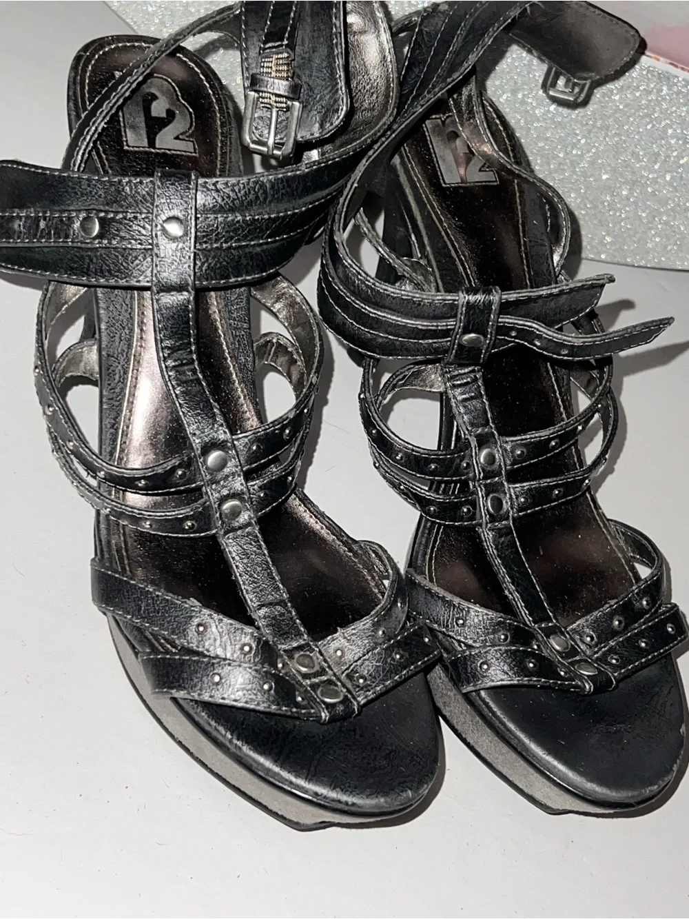 R2 Black Studded Strappy Heeled Sandals